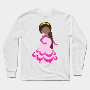 African American Princess, Crown, Gown, Pink Dress Long Sleeve T-Shirt